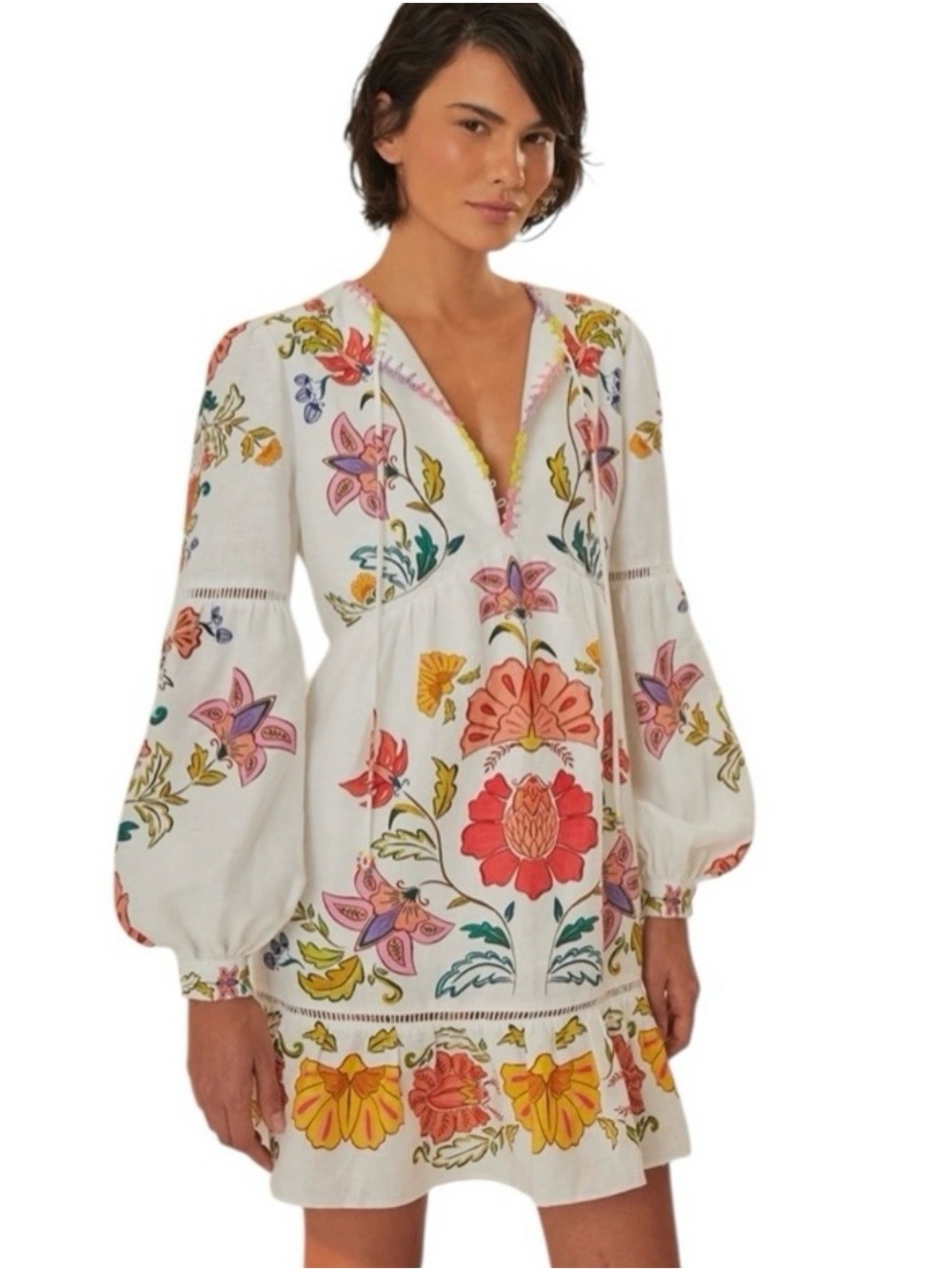 Farm Rio Long Sleeve Floral Mini Dress size medium Floral Insects Off White